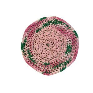 Vintage Handmade Doily Pink Green Round Used